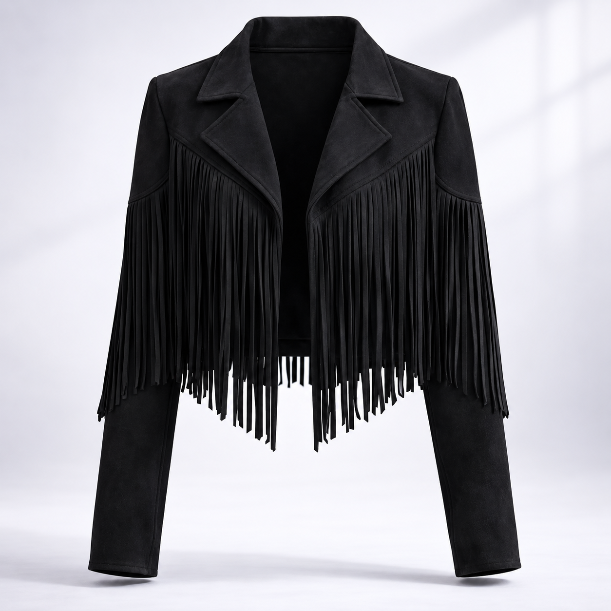 Women's Cropped Suede Fringe Notch-Collar Jacket
