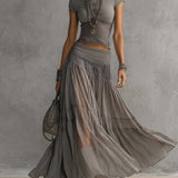 Women's Grey Spring Pleated Long Two Piece Set