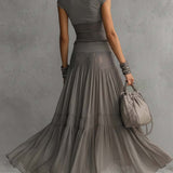 Women's Grey Spring Pleated Long Two Piece Set