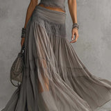 Women's Grey Spring Pleated Long Two Piece Set