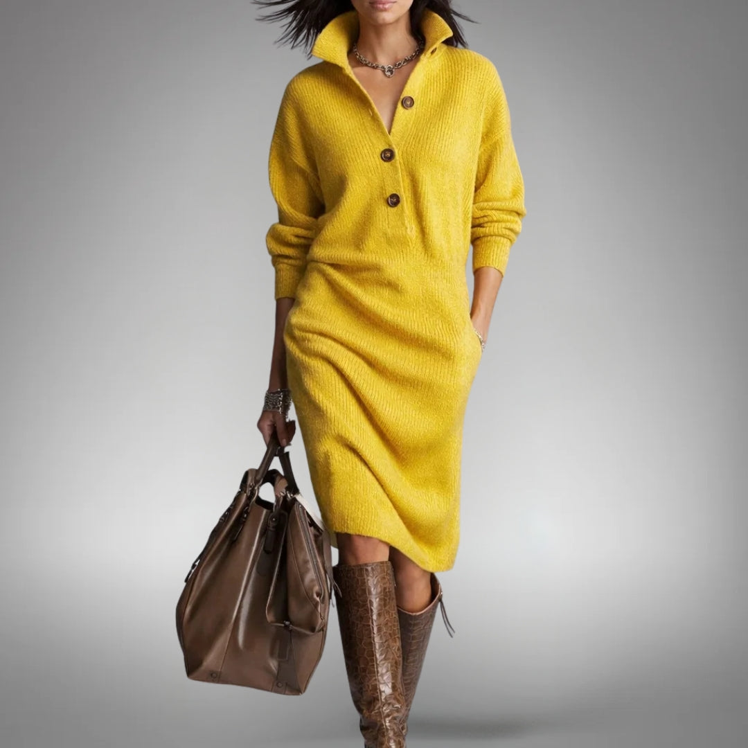 Women's Oversized Knit Polo Midi Dress, High Neck