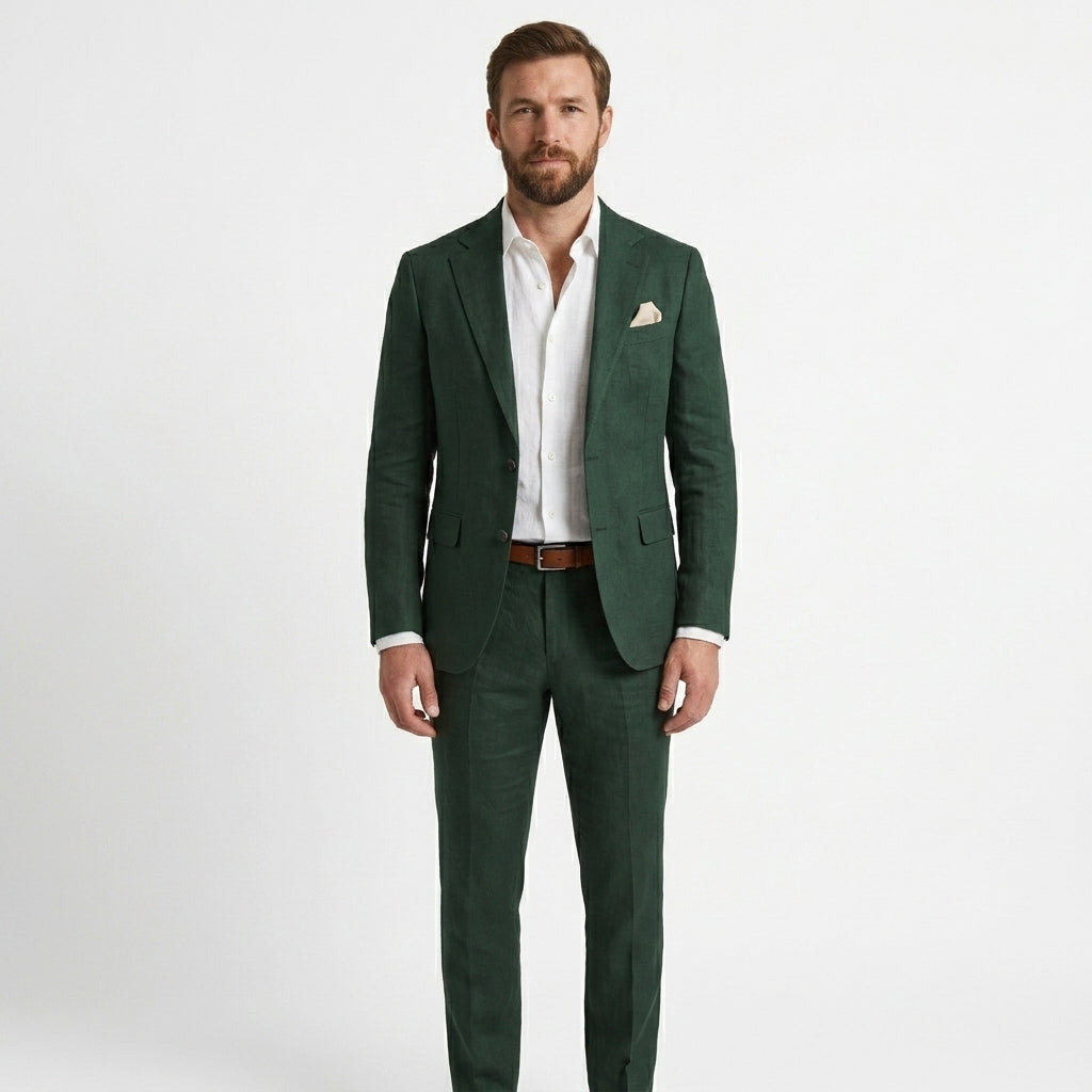 Men's Elegant Green Linen Spring Slim Fit Two Piece Set
