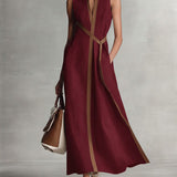 Women's Navy Linen Wrap Long Dress