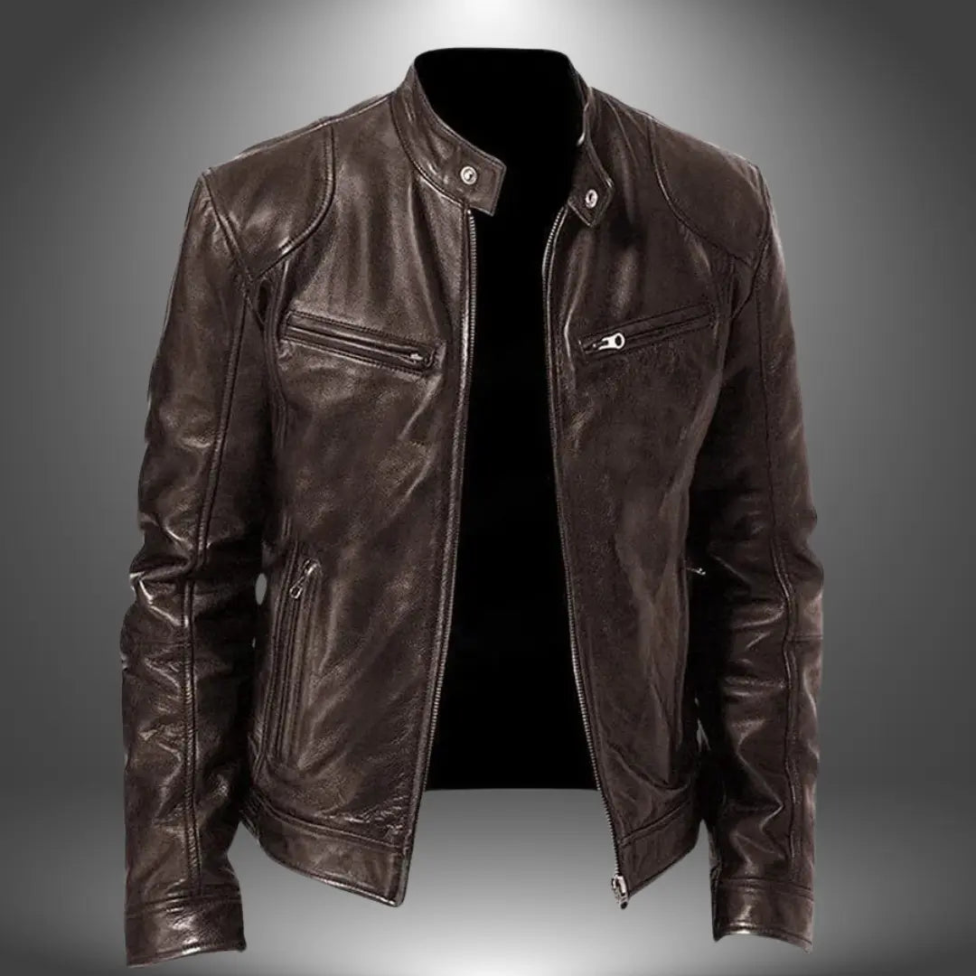 Men's Leather Biker Jacket – Zip-Up with Stand Collar and Pockets