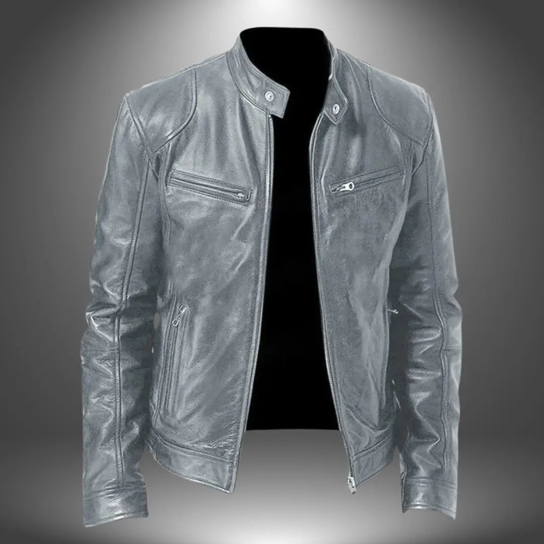 Men's Leather Biker Jacket – Zip-Up with Stand Collar and Pockets