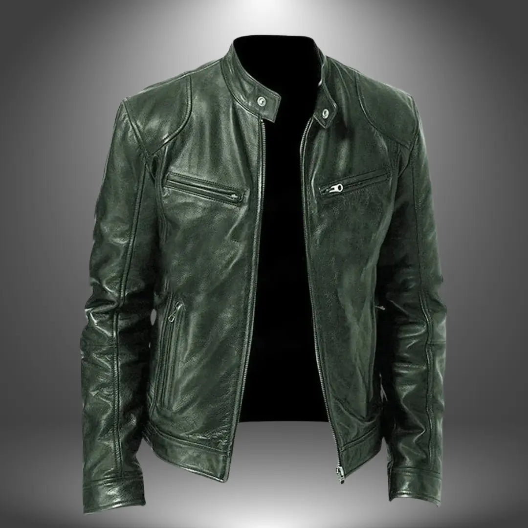 Men's Leather Biker Jacket – Zip-Up with Stand Collar and Pockets