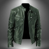 Men's Leather Biker Jacket – Zip-Up with Stand Collar and Pockets