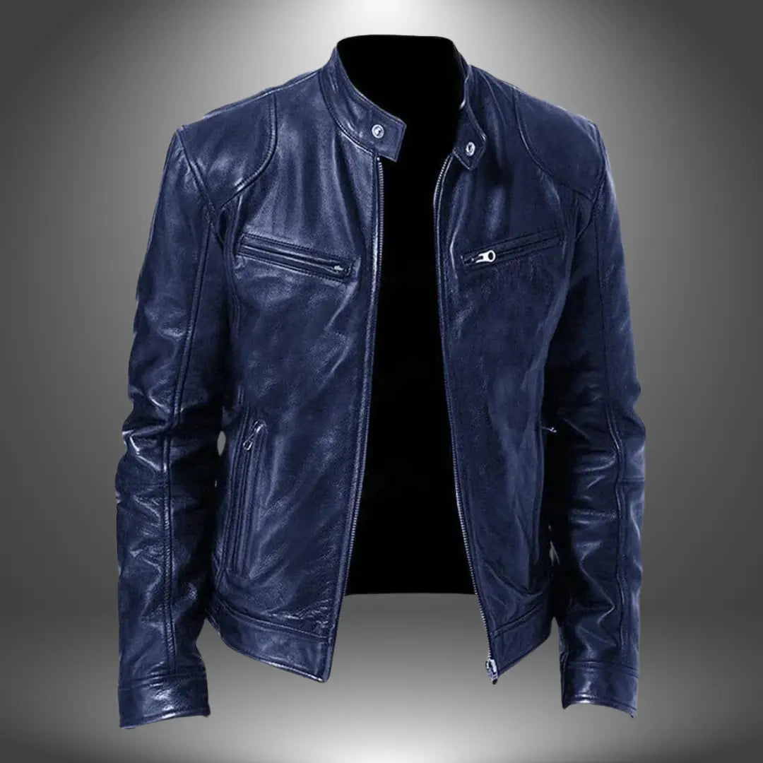 Men's Leather Biker Jacket – Zip-Up with Stand Collar and Pockets
