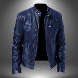 Men's Leather Biker Jacket – Zip-Up with Stand Collar and Pockets