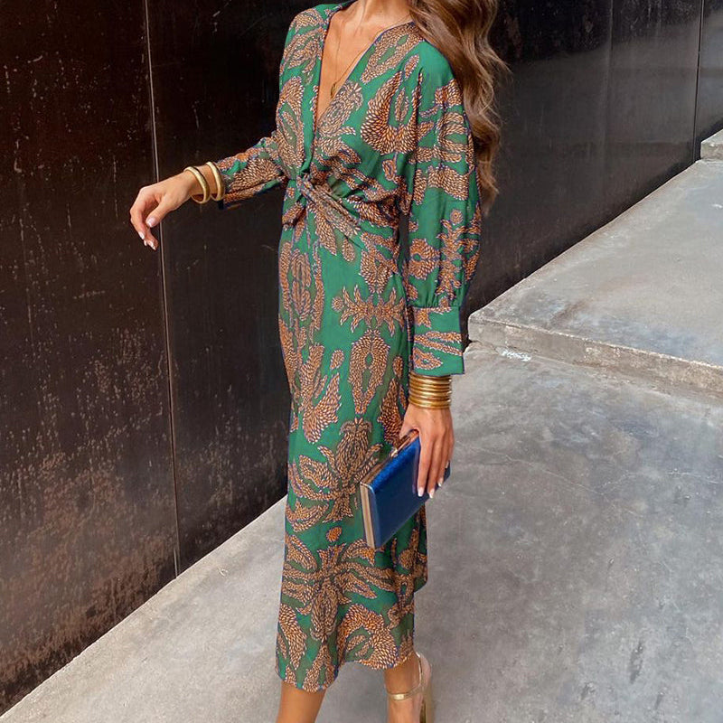 Women's Twist-Front V-Neck Long Sleeve Midi Dress