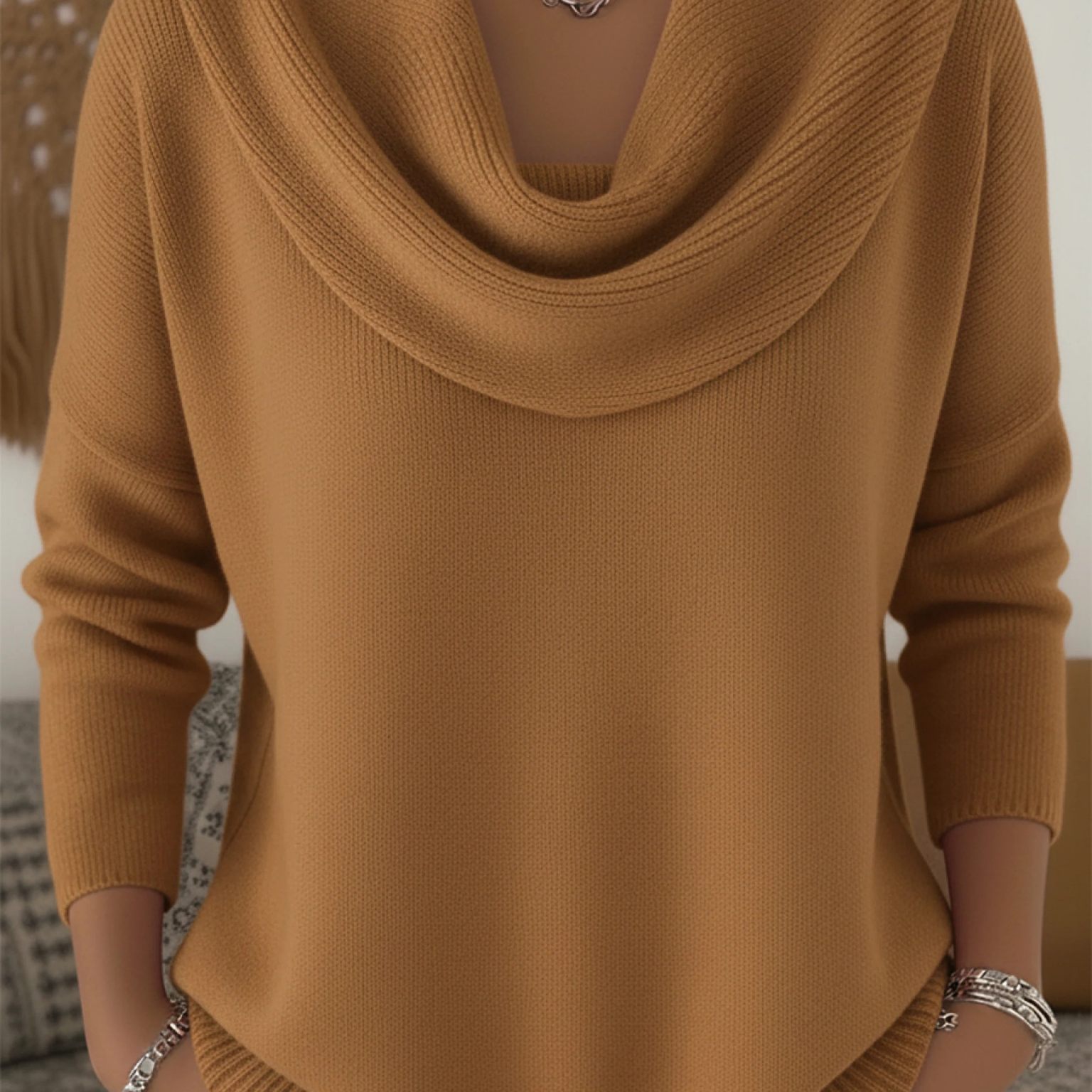Women's Ribbed Cowl Neck Long-Sleeve Sweater