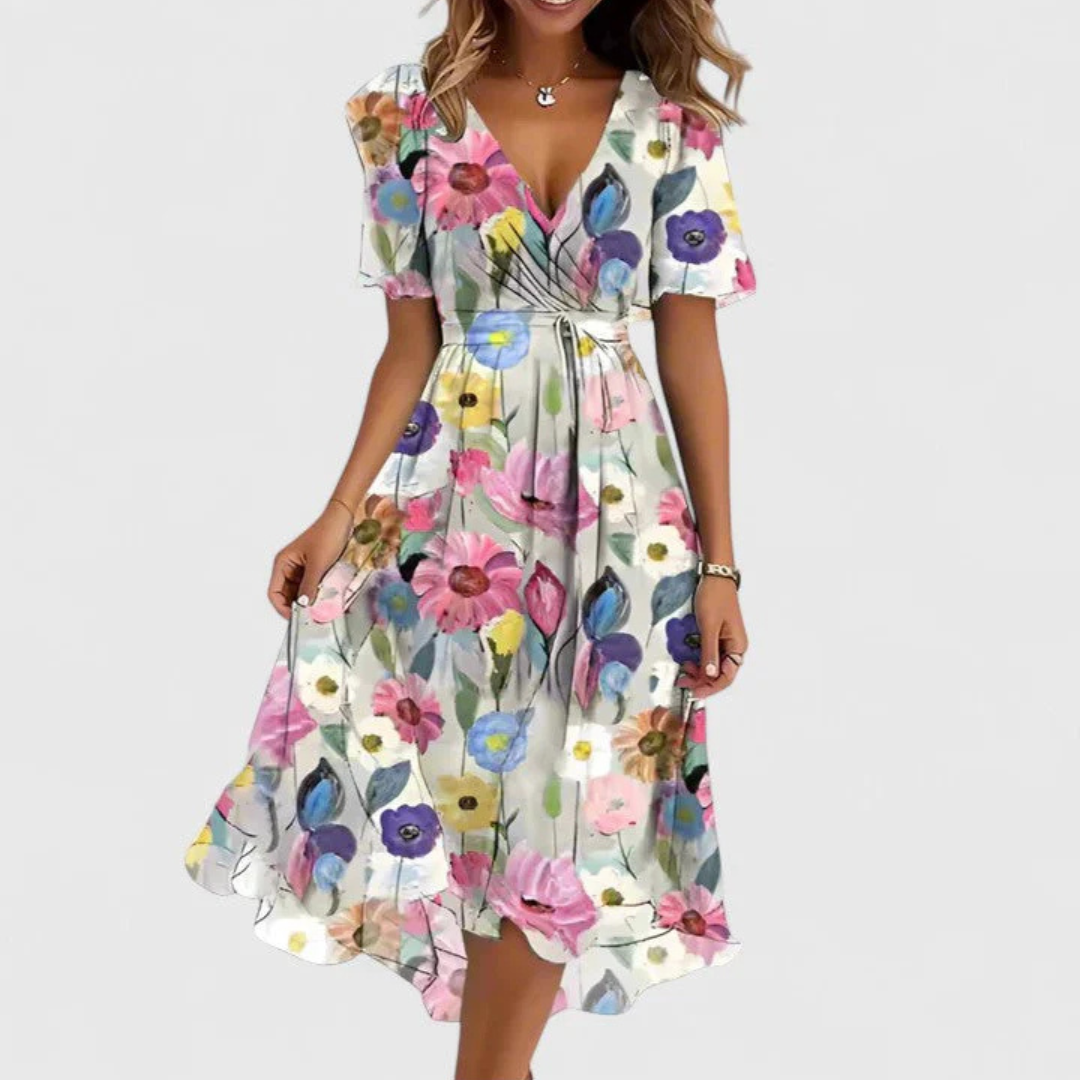 Women's Floral Wrap Midi Dress, Ruffle Sleeves