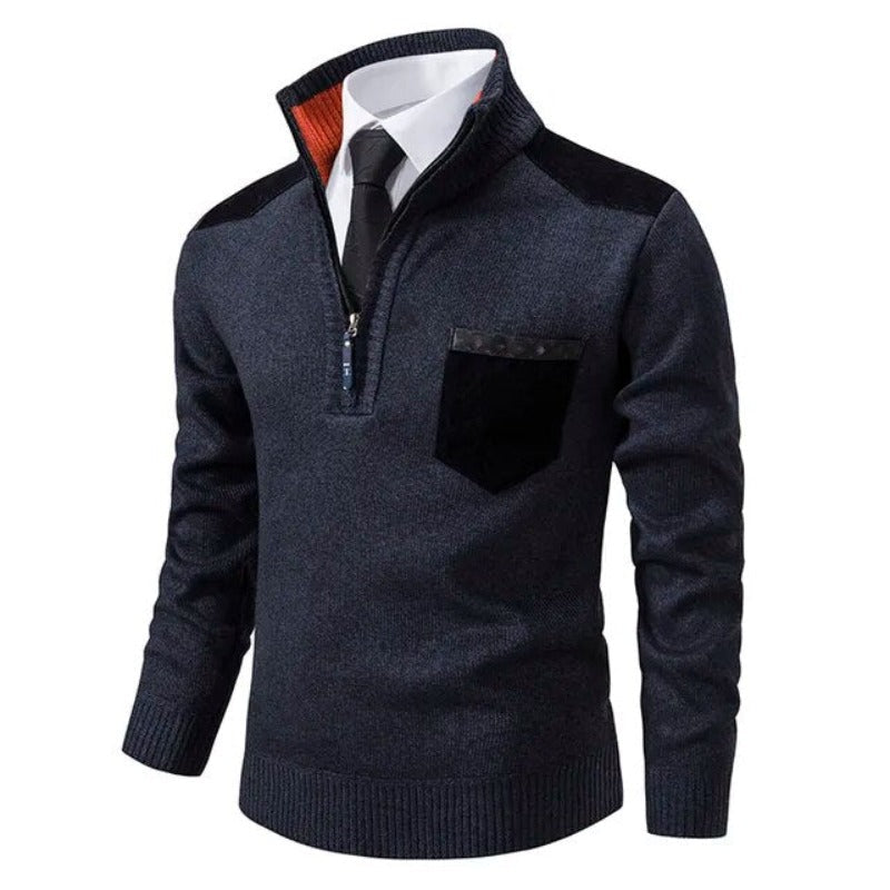 Men's Quarter Zip Knit Sweater with Contrast Pocket