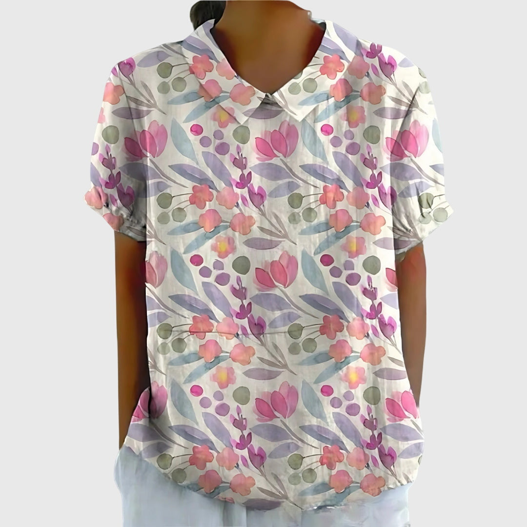 Women's Floral Short-Sleeve Collared Cotton Blend Blouse