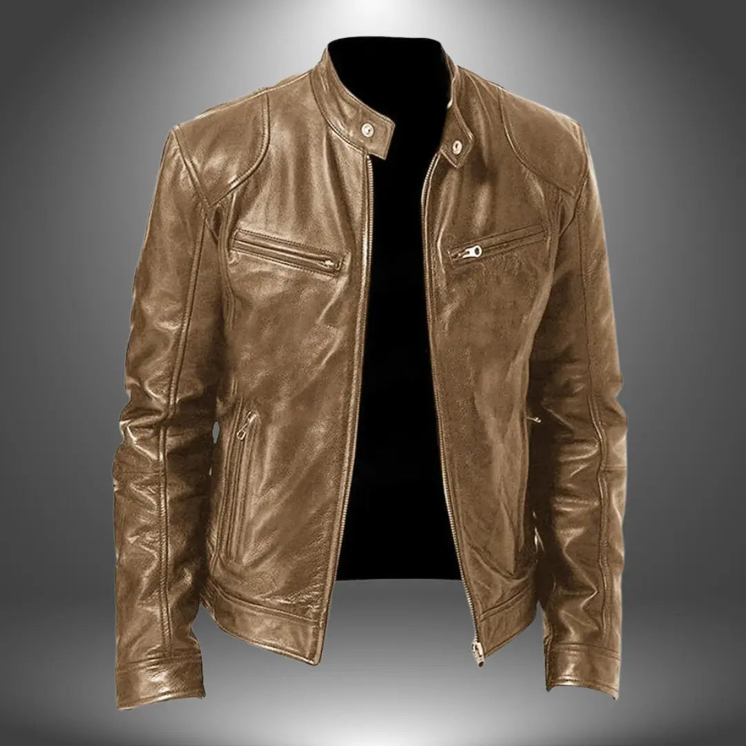 Men's Leather Biker Jacket – Zip-Up with Stand Collar and Pockets