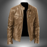 Men's Leather Biker Jacket – Zip-Up with Stand Collar and Pockets