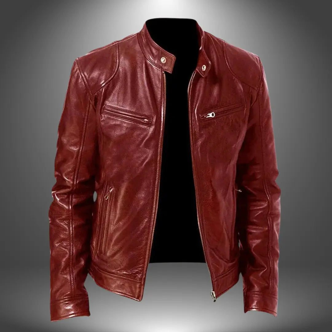 Men's Leather Biker Jacket – Zip-Up with Stand Collar and Pockets