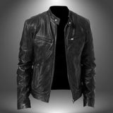 Men's Leather Biker Jacket – Zip-Up with Stand Collar and Pockets