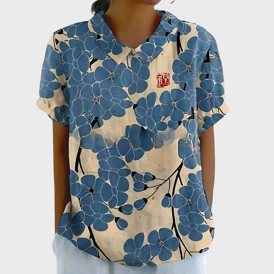 Women's Floral Short-Sleeve Collared Cotton Blend Blouse