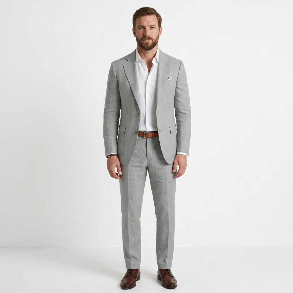 Men's Elegant Green Linen Spring Slim Fit Two Piece Set