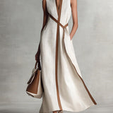 Women's Navy Linen Wrap Long Dress