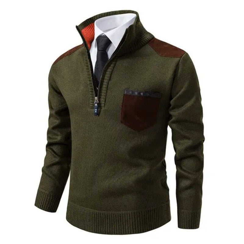 Men's Quarter Zip Knit Sweater with Contrast Pocket