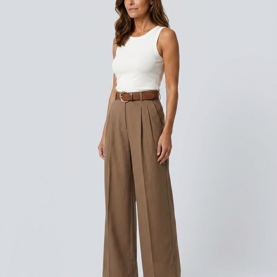 Women's Pleated Wide-Leg Trousers with Sash Belt