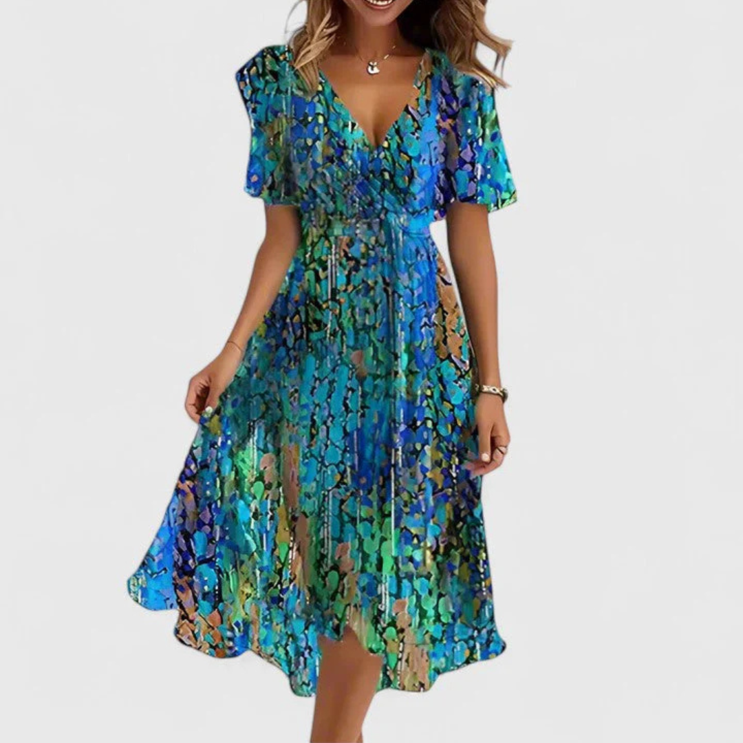 Women's Floral Wrap Midi Dress, Ruffle Sleeves