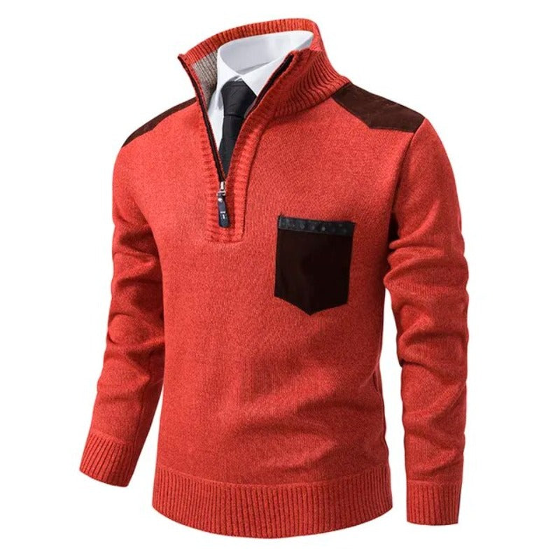 Men's Quarter Zip Knit Sweater with Contrast Pocket