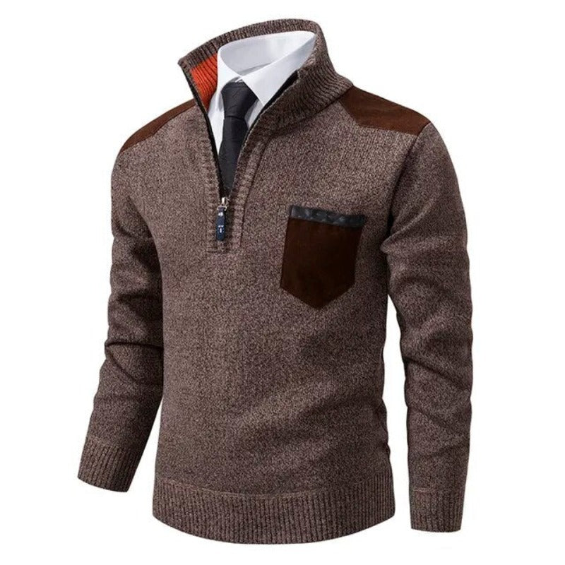 Men's Quarter Zip Knit Sweater with Contrast Pocket