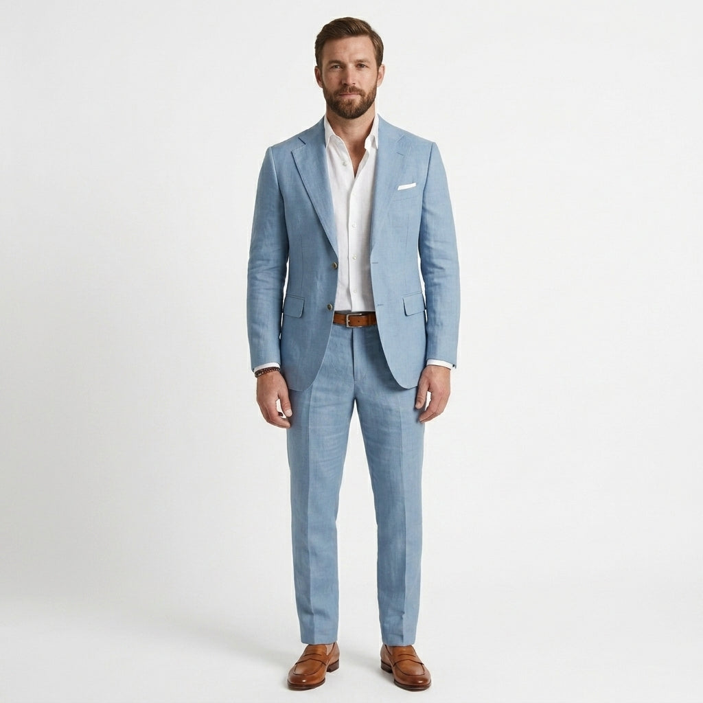 Men's Elegant Green Linen Spring Slim Fit Two Piece Set