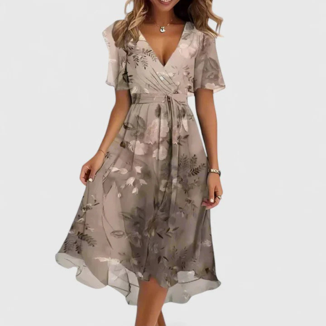 Women's Floral Wrap Midi Dress, Ruffle Sleeves