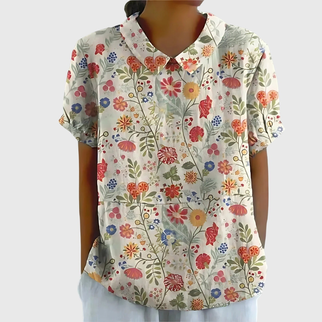 Women's Floral Short-Sleeve Collared Cotton Blend Blouse