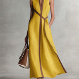 Women's Navy Linen Wrap Long Dress