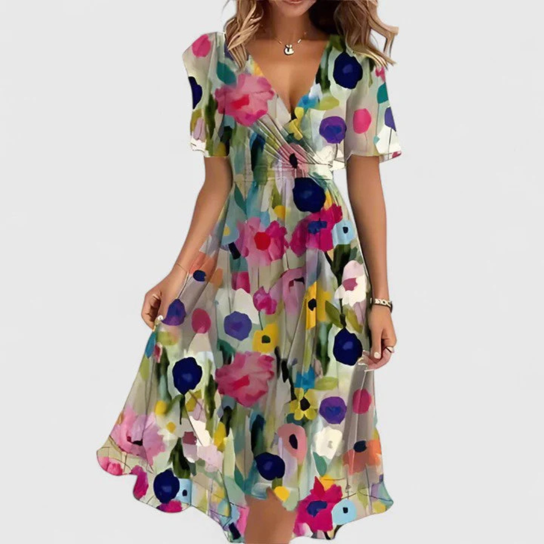 Women's Floral Wrap Midi Dress, Ruffle Sleeves