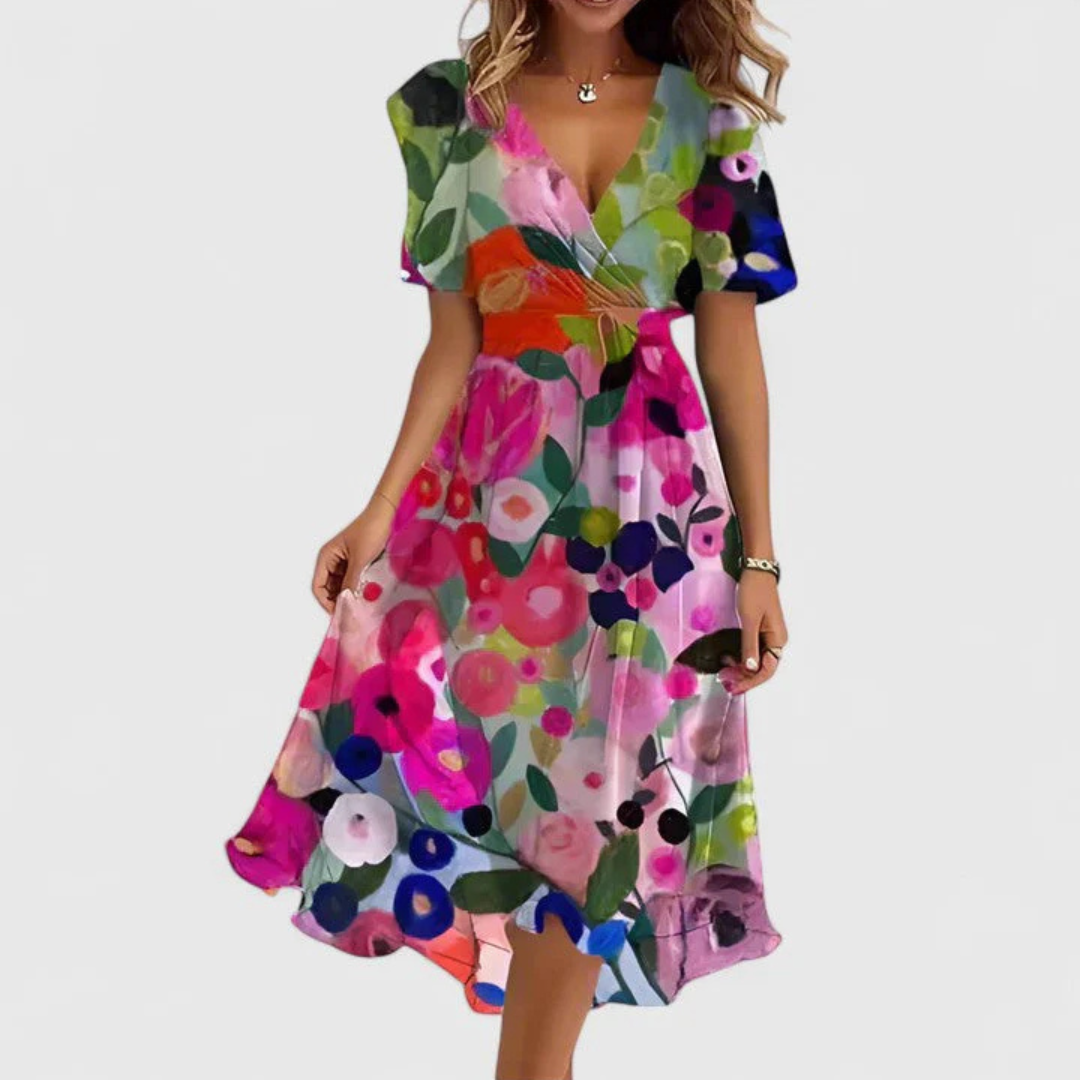 Women's Floral Wrap Midi Dress, Ruffle Sleeves