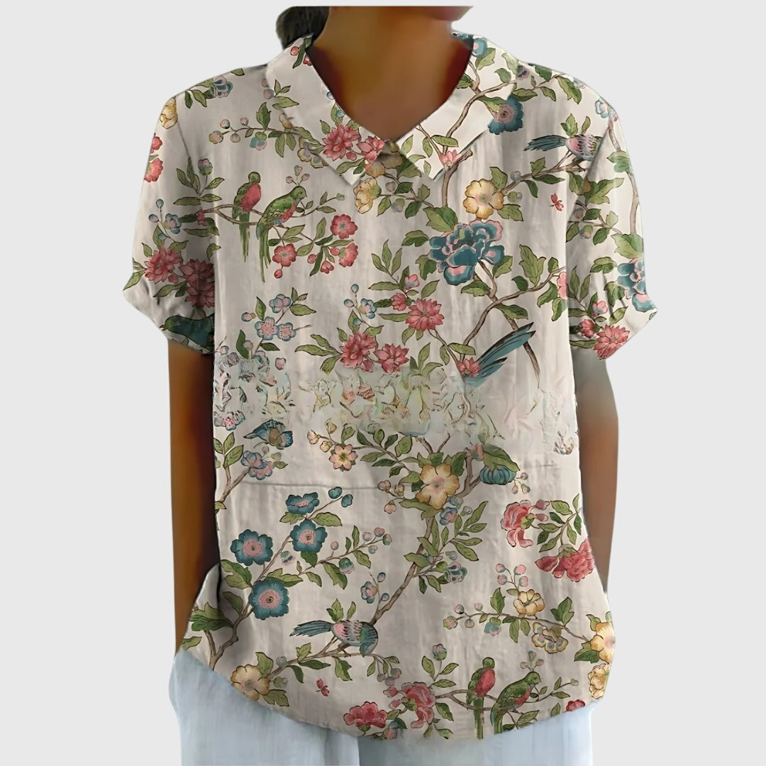 Women's Floral Short-Sleeve Collared Cotton Blend Blouse