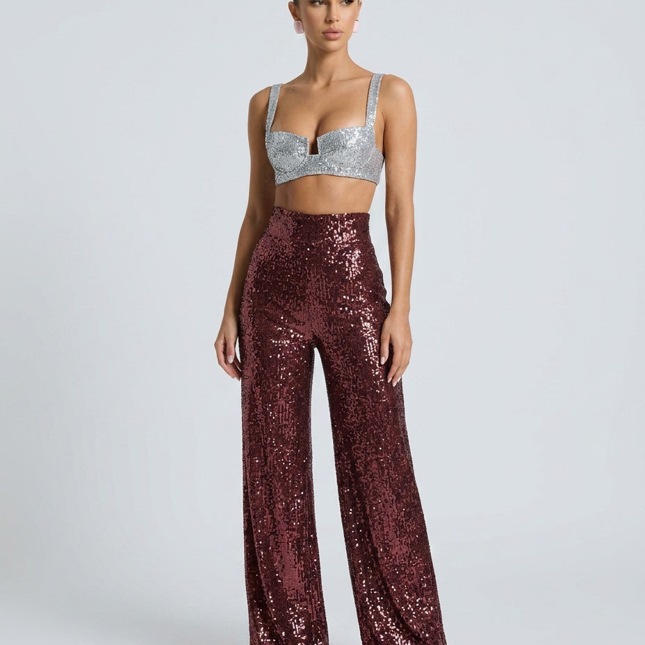 Women's High Waist Sequin Wide-Leg Trousers