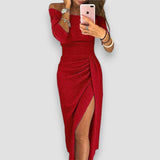 Women's Ruched Bodycon Midi Dress with Side Slit