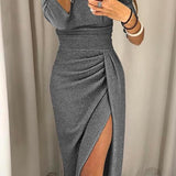 Women's Ruched Bodycon Midi Dress with Side Slit