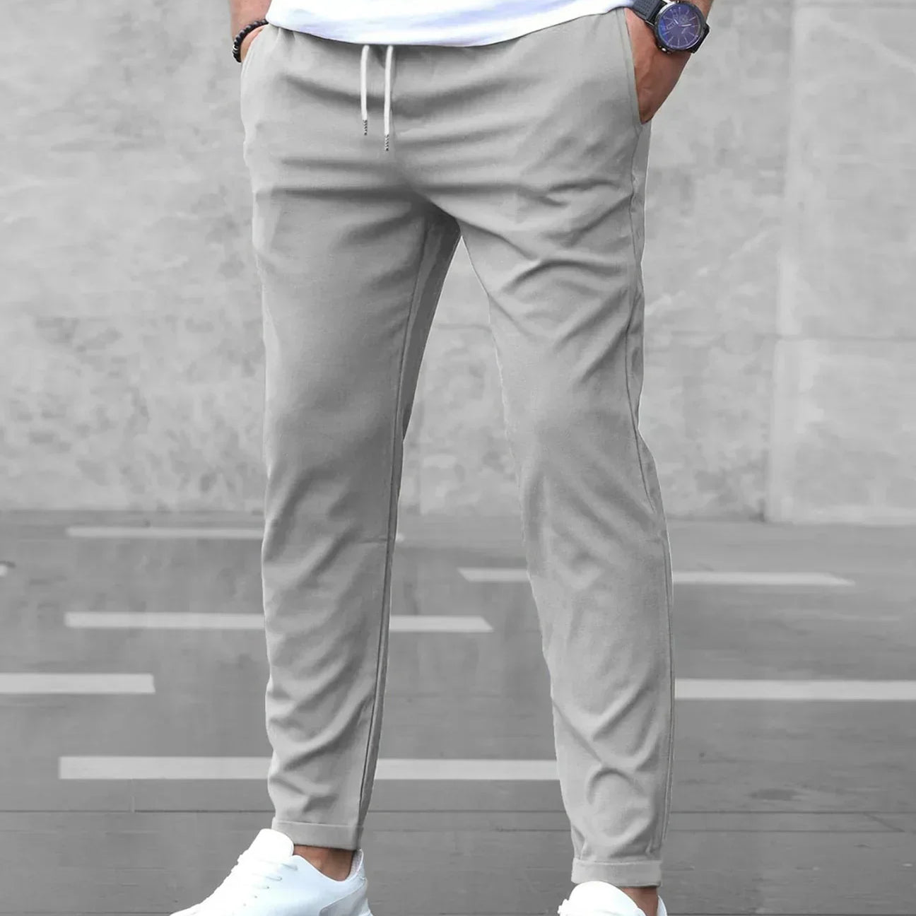 Men's Grey Slim Fit Drawstring Trousers