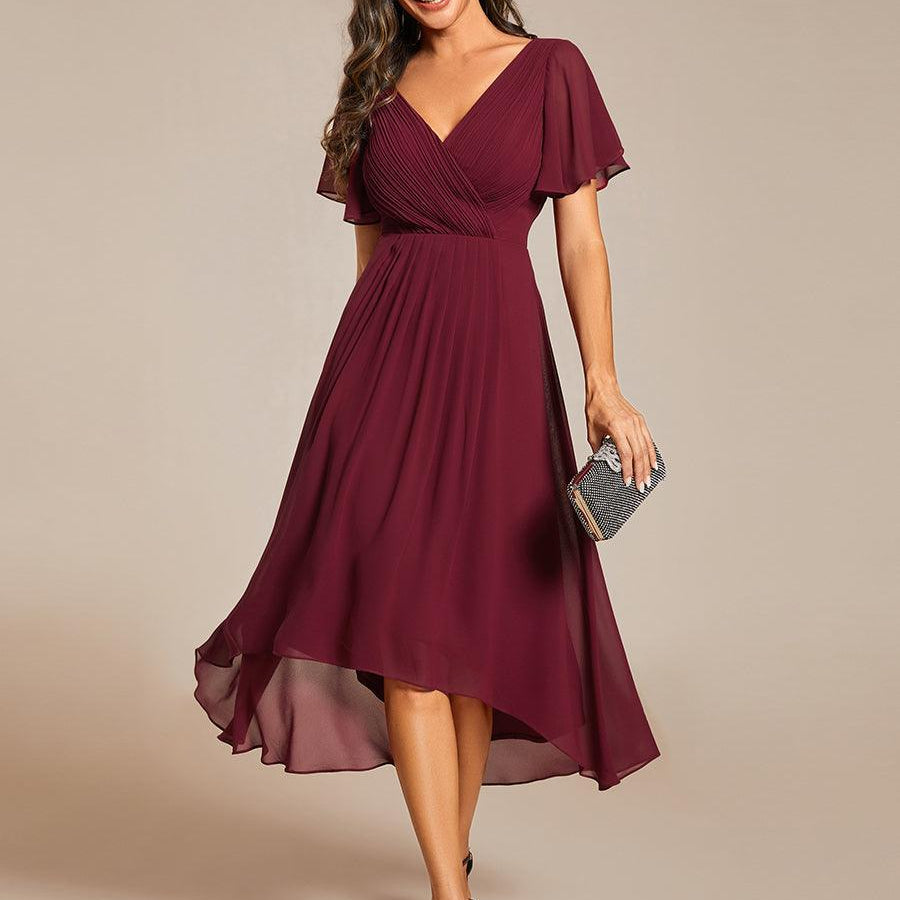 Women's Pleated Wrap Midi Dress, Flutter Sleeves
