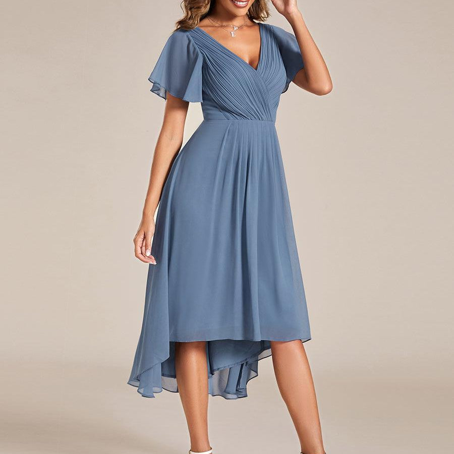 Women's Pleated Wrap Midi Dress, Flutter Sleeves