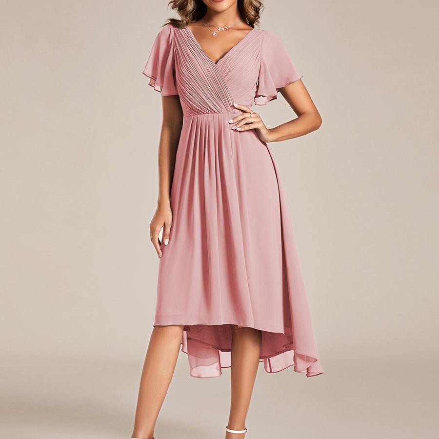 Women's Pleated Wrap Midi Dress, Flutter Sleeves
