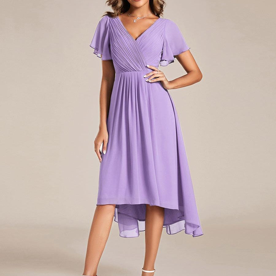 Women's Pleated Wrap Midi Dress, Flutter Sleeves