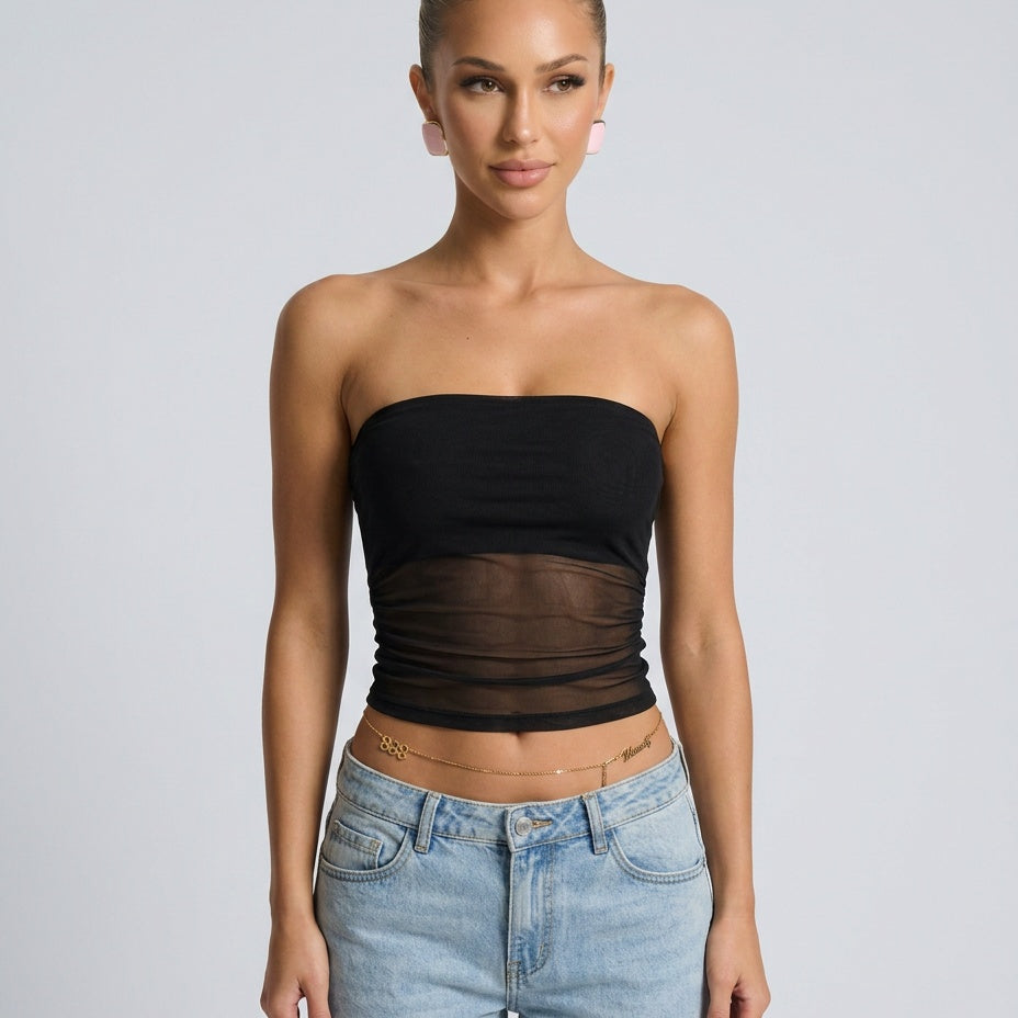 Women's Strapless Mesh Panel Crop Top