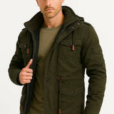 Men's Army Green Thermal Fleece Hooded Winter Jacket - Casual Outdoor Wear