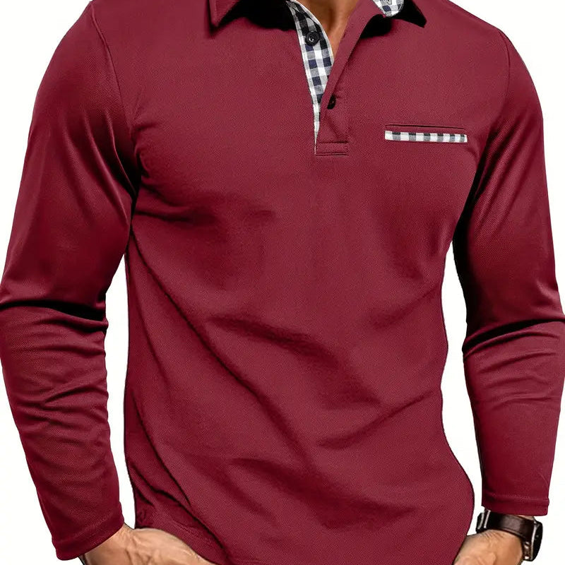 Men's Contrast Plaid Collar Long Sleeve Polo