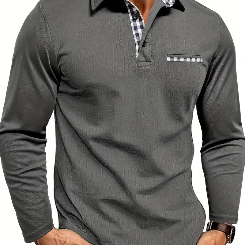 Men's Contrast Plaid Collar Long Sleeve Polo