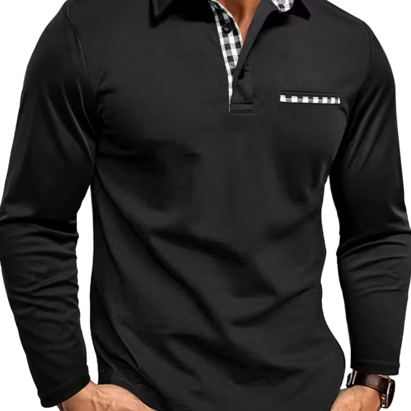 Men's Contrast Plaid Collar Long Sleeve Polo